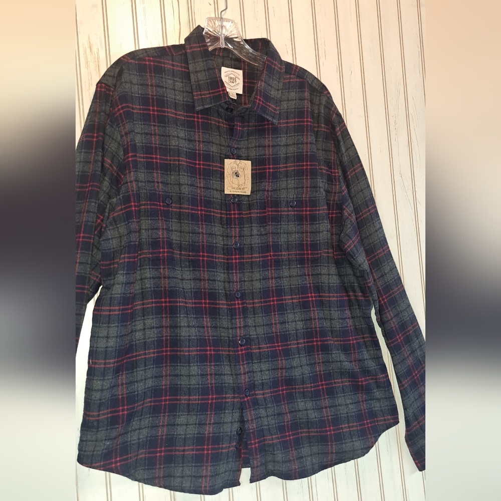 NEW True Craft Fireside Flannel Long Sleeve Plaid Men's 100% Cotton Blue Grey XL